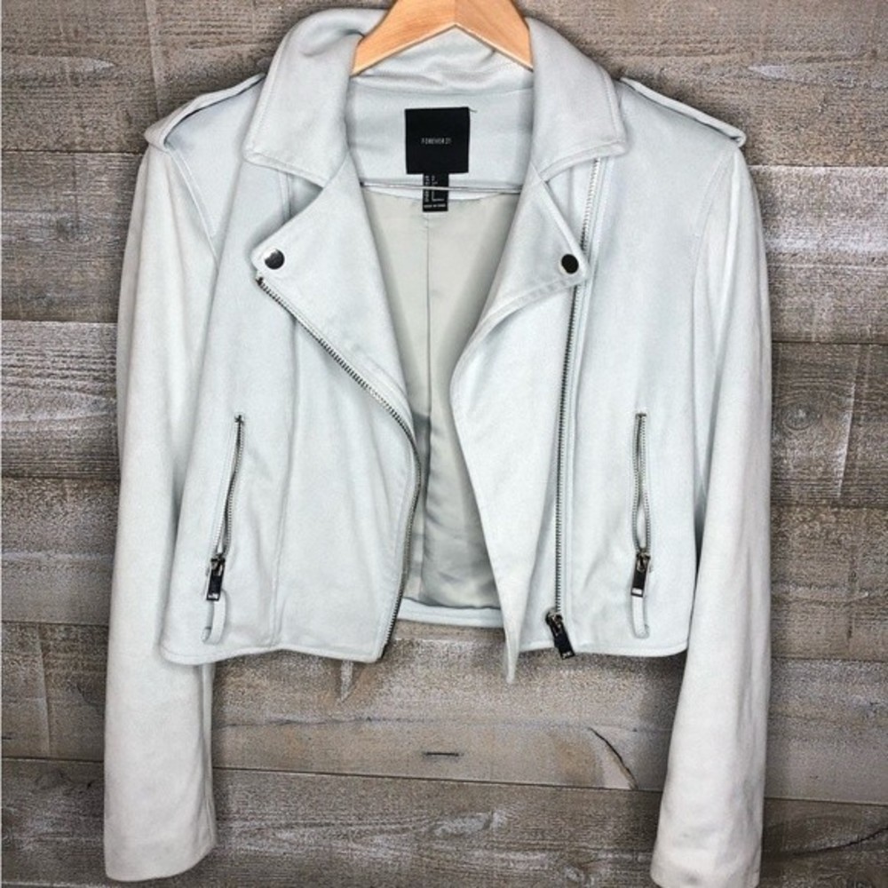 Forever 21 small light blue faux suede zipper motorcycle jacket